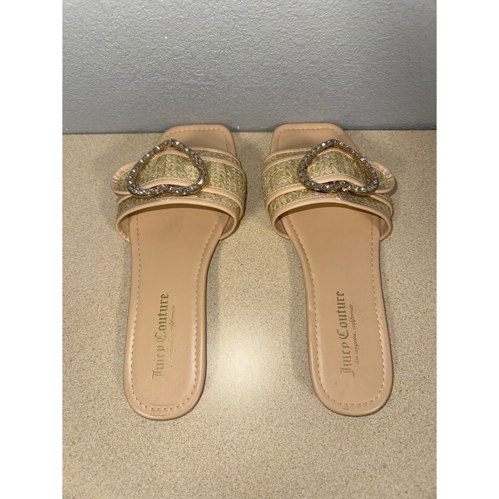 Juicy Couture Zapphire 2‎ Tan Raffia Heart Rhinestone Square Toe Slide Sandals 8